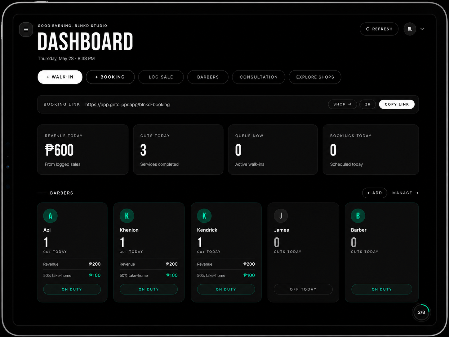 ClipprOS barbershop management dashboard — showing barber queue, sales analytics, and booking management